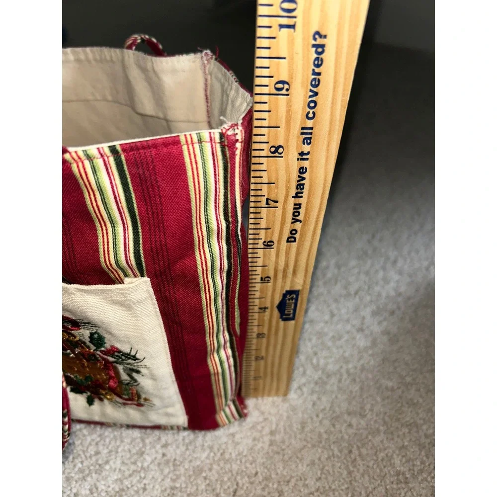 Christmas Holiday Striped Canvas Tote Bag Embroidered Basket Red Green Cream